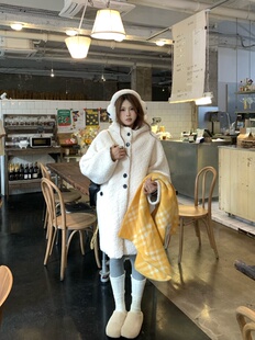 宅宅athome//冬日情书 软糯仿羊羔毛连帽外套慵懒中长款毛毛大衣