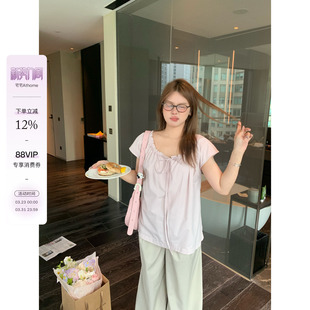 甜美设计感短袖 韩系粉色抽绳宽松小衫 上衣 半枝小樱 宅宅athome