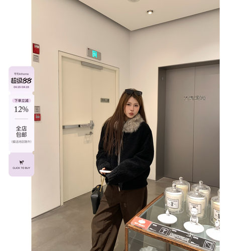 宅宅athome//中古奈奈 加厚毛领仿羊羔毛外套麂皮内里毛毛上衣