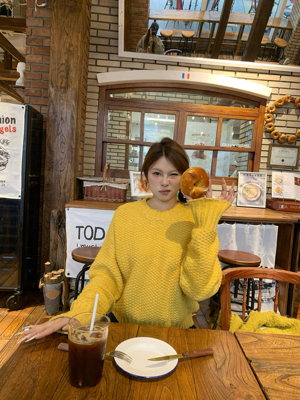 宅宅athome//奶黄芝士 韩版菠萝纹肌理感针织衫休闲慵懒圆领毛衣