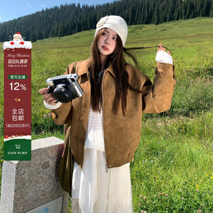 宅宅athome 复古仿麂皮外套翻领宽松休闲上衣夹克 藤姐同款