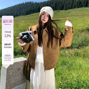 宅宅athome 复古仿麂皮外套翻领宽松休闲上衣夹克 藤姐同款