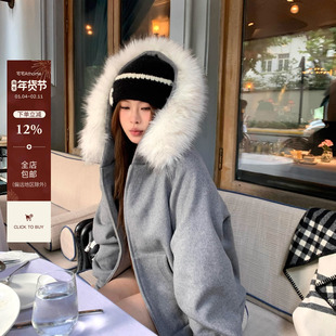 宅宅athome//北岛日记 连帽毛领羊毛外套拉链加厚保暖卫衣开衫
