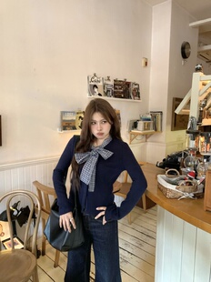 宅宅athome/海莉恋曲 撞色格纹蝴蝶结绑带针织假两件修身长袖上衣