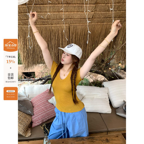 宅宅Athome//顶配小t 天丝羊毛纯欲V领短袖修身显瘦百搭T恤上衣