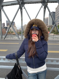 宅宅athome//纽约时区 冬季毛领连帽90白鸭绒收腰短款羽绒服