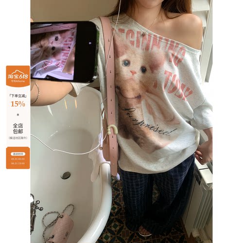 宅宅Athome//公主喵 斜肩猫咪印花短袖T恤宽松显瘦休闲夏季上衣