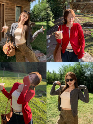 宅宅athome//秋日巴塞尔 韩系圆领针织开衫女简约休闲百搭上衣