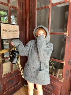 宅宅athome//曼彻斯特 灰色50羊毛连帽呢大衣中长款宽松慵懒外套