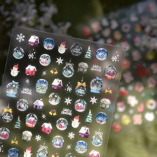梦幻圣诞节水晶球雪屋美甲贴纸可爱圣诞姜饼人可爱雪人指甲贴