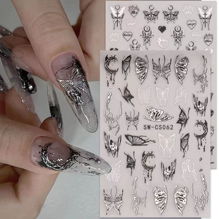 网红爆款 暗黑系金属融银蝴蝶美甲贴纸银色液态蝴蝶3D饰品背胶贴片