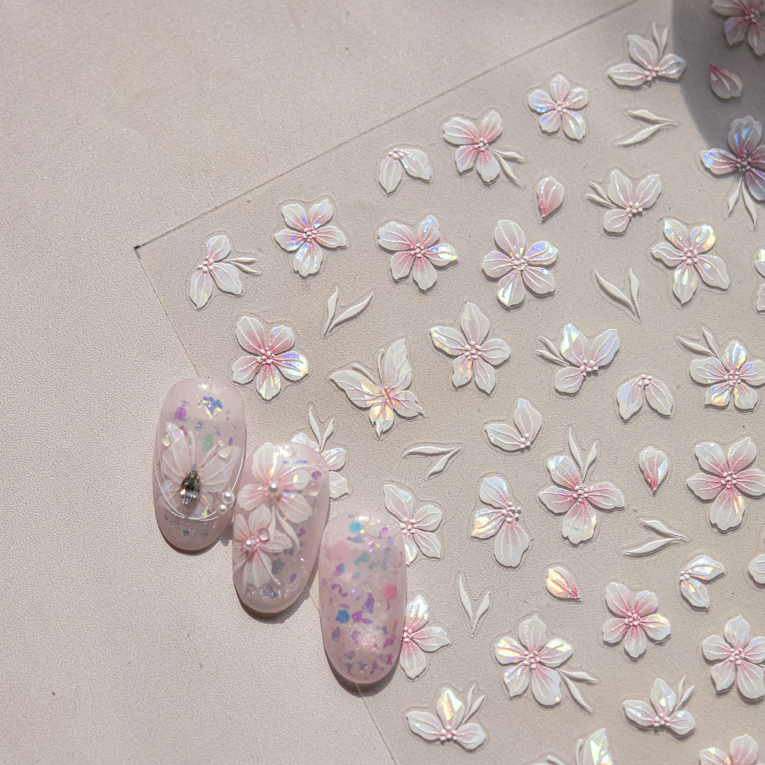 新款仙气冰花美甲贴纸纯欲风幻彩春色花影果冻贝壳光指甲图案
