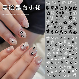 果冻美甲贴纸黑白手绘花花指甲贴花网红日系指甲贴背胶