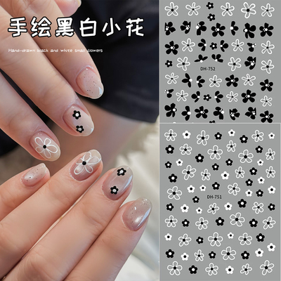 美甲贴纸手绘花花黑白日系