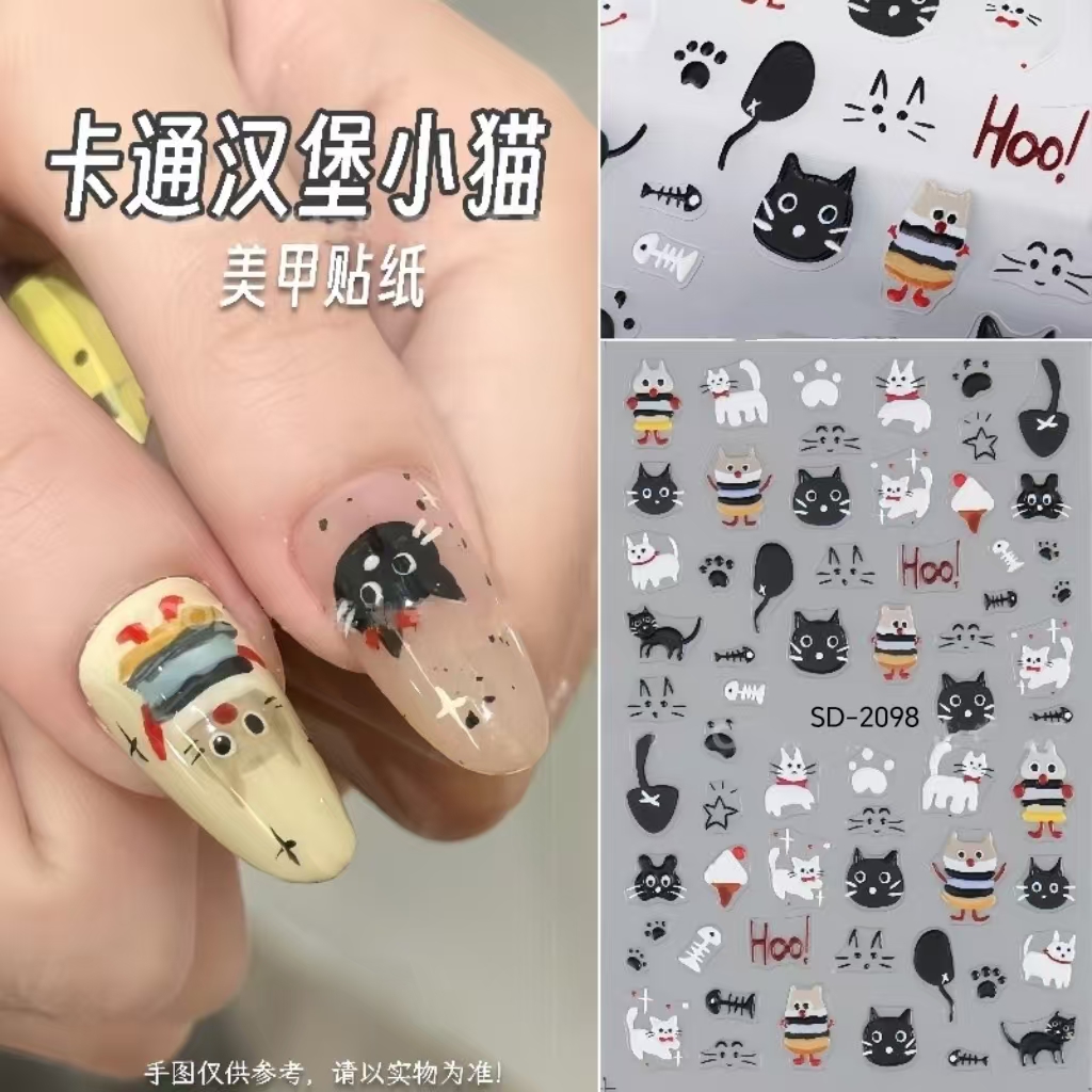 新款猫咪美甲贴纸卡通手绘可爱