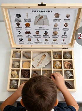 21种儿童考古化石标本盒鱼三叶虫菊石鲨鱼牙海螺海胆科普礼物摆件