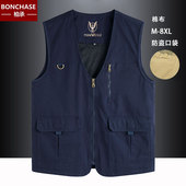 男士 无领纯棉马甲春秋背心多口袋马夹中老年休闲宽松大码 坎肩外套