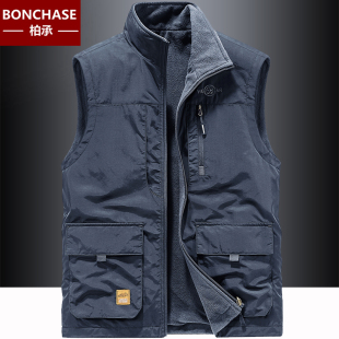 秋冬双面穿马甲男士 户外运动上衣多口袋抓绒保暖背心坎肩马夹外套