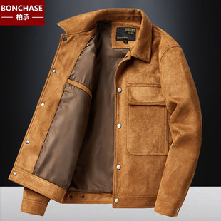 男士麂皮绒夹克春秋薄款简约复古翻领上衣男装纯色工装短款外套潮