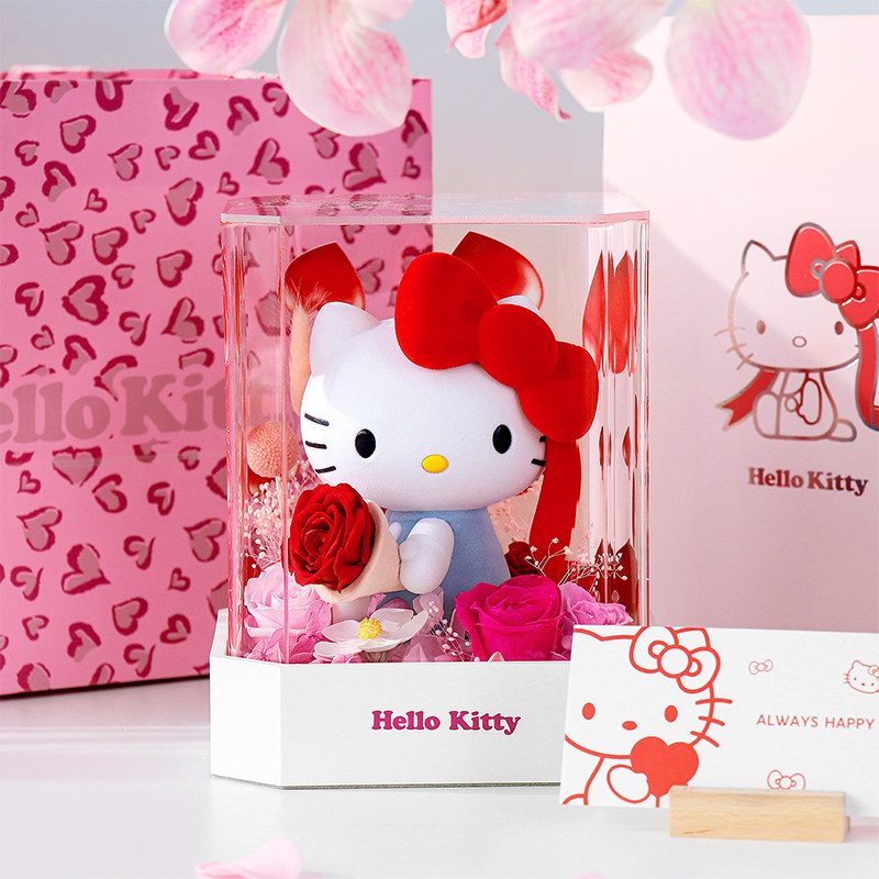 HelloKitty手捧永生花玫瑰莫奈花园粉色系生日情人节礼物高档摆件