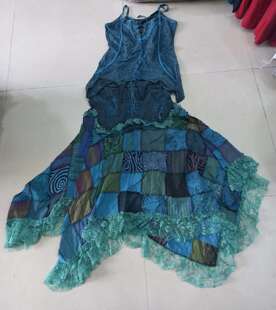 现货尼泊尔民族服饰嬉皮风精灵服蓝色格子裙背心套装