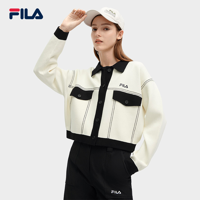 FILA 斐乐官方女士编织外套2024春新款时尚休闲宽松撞色翻领毛衣