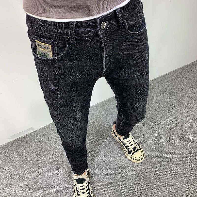 潮牌修身韩版时尚百搭弹力男士小脚长裤春夏新款黑色九分牛仔裤子
