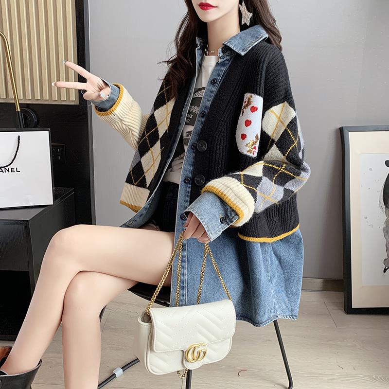 牛仔外套女秋冬2025新款韩版宽松中长款针织拼接假两件上衣开衫女
