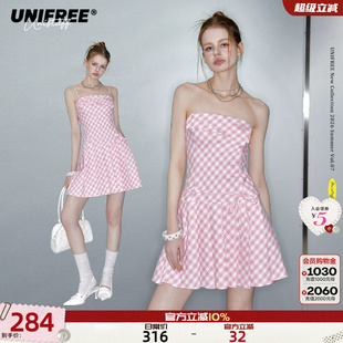 UNIFREE粉色格子吊带连衣裙女夏季新款小个子A字裙气质洋气百褶裙