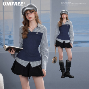 UNIFREE针织拼接格纹假两件衬衫女宽松气质绑带刺绣美式复古衬衣