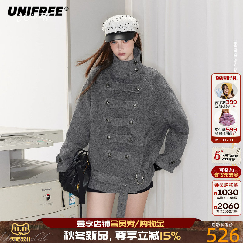 UNIFREE复古双排金属扣毛呢外套女秋季含羊毛直筒宫廷风百搭大衣