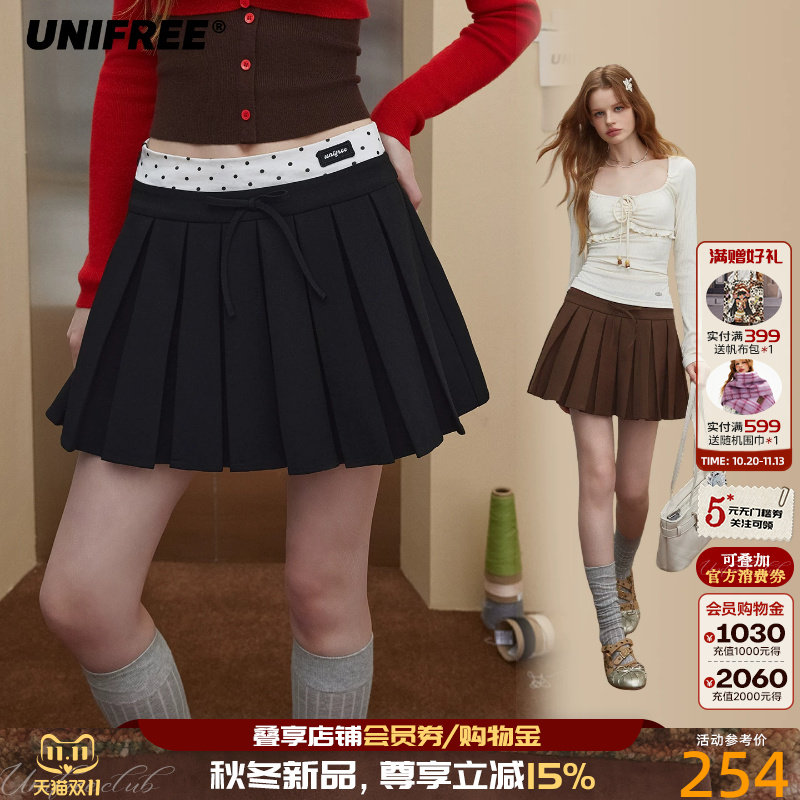 UNIFREE双腰头波点拼接半身裙复古学院风秋季新款百褶裙修身短