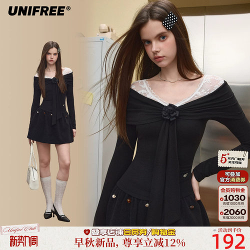 UNIFREE假两件蕾丝拼接上衣