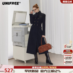 UNIFREE深蓝色长款毛呢大衣女秋季收腰修身垫肩通勤气质呢子外套