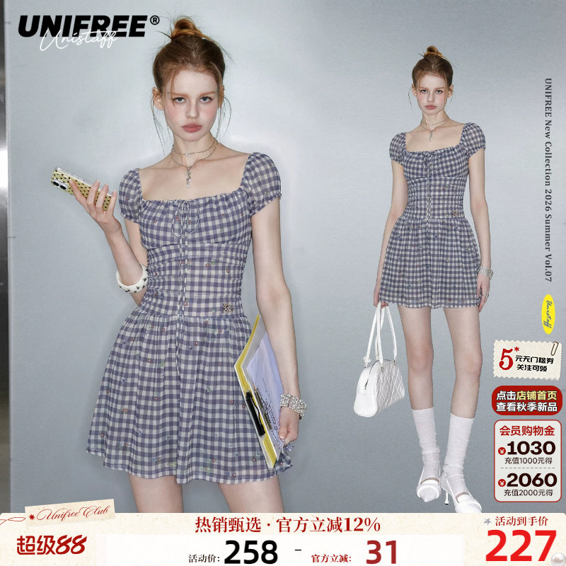 UNIFREE紫色格纹碎花短袖连衣裙图片