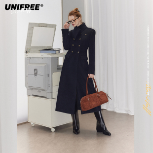 UNIFREE深蓝色长款毛呢大衣女秋季收腰修身垫肩通勤气质呢子外套