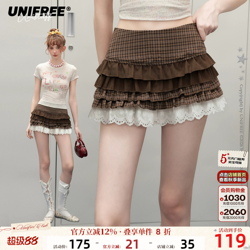 UNIFREE咖色格纹拼接休闲短裤图片