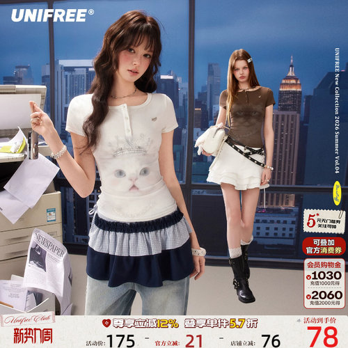 UNIFREE亨利领小猫印花短袖T恤
