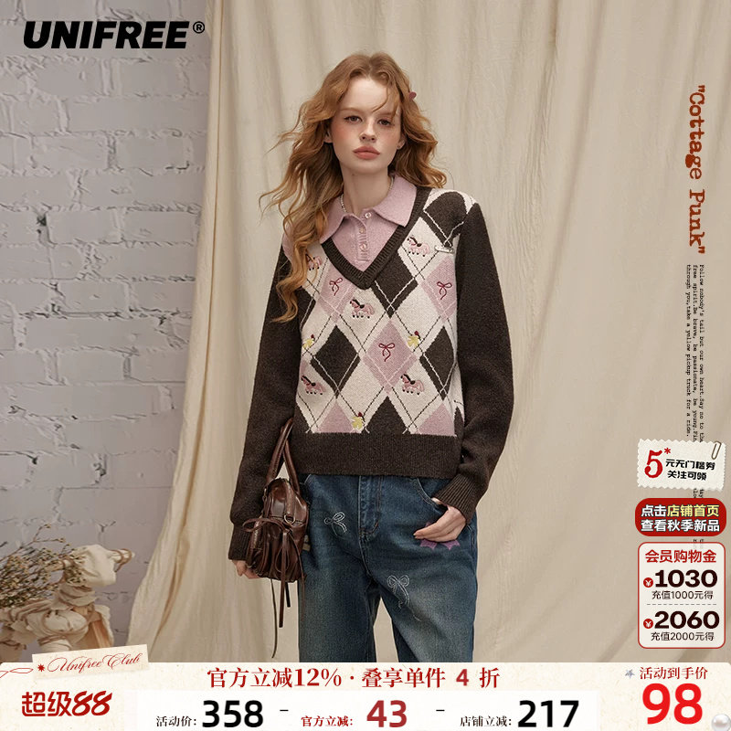 UNIFREE英伦假两件针织衫女格纹蝴蝶结小马刺绣衬衫拼接复古毛衣