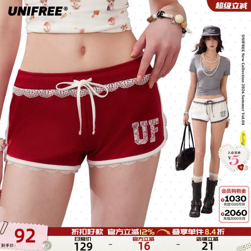 UNIFREE蕾丝边抽绳运动休闲短裤