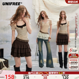 UNIFREE美式辣妹薄款短袖T恤女挂脖吊带连衣裙蛋糕裙叠穿两件套装