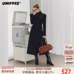 UNIFREE深蓝色长款毛呢大衣女秋季收腰修身垫肩通勤气质呢子外套