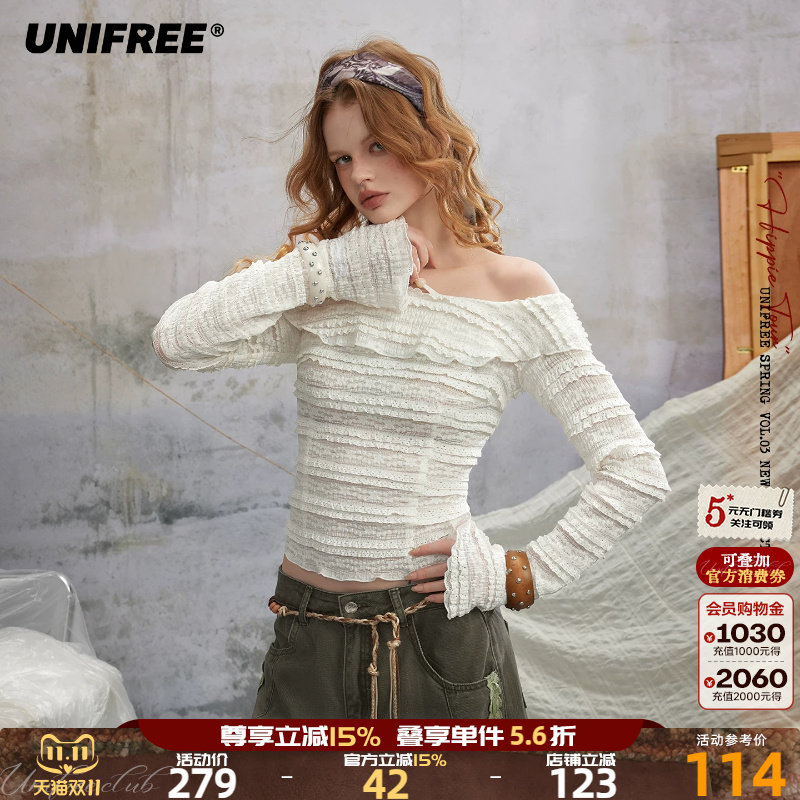 UNIFREE白色一字肩蕾丝长袖T恤女喇叭袖镂空肌理翻领修身性感上衣