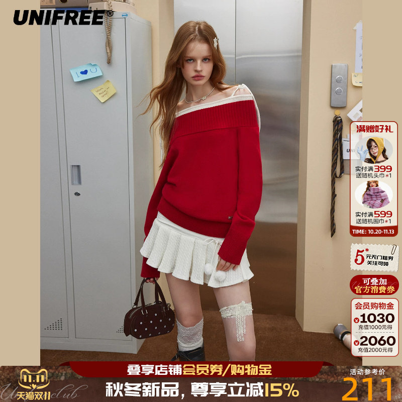 UNIFREE红色一字肩针织衫女秋季蝴蝶结绑带宽松甜美复古套头毛衣