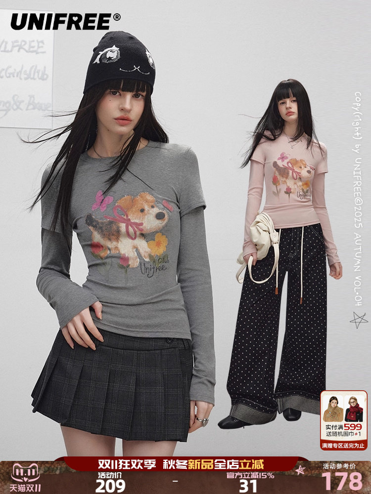 Женская осенняя футболка UNIFREE fake two-piece slim с длинными рукавами, новинка 2520 года, короткий топ для похудения с принтом собаки Изображение 1