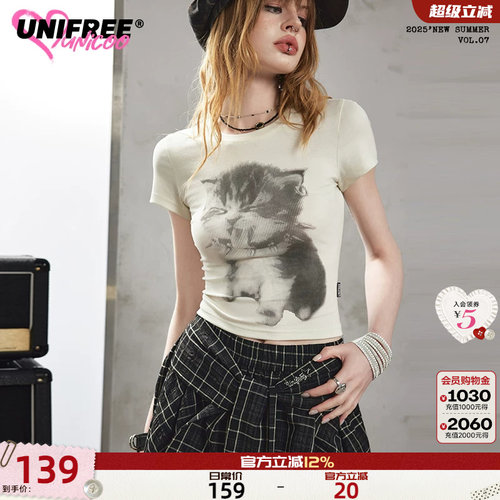UNIFREE可爱小猫印花短袖T恤女百搭圆领正肩美式修身独特短款上衣