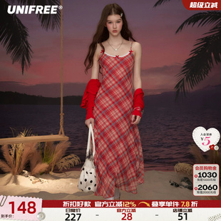 UNIFREE红色格纹网纱吊带连衣裙女夏季法式收腰长裙开衫外搭套装