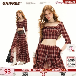 UNIFREE红色格纹短款中袖T恤荷叶边露脐上衣不规则长款半身裙套装