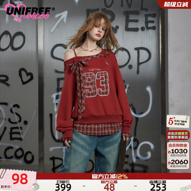 UNIFREE红色斜肩长袖卫衣图片