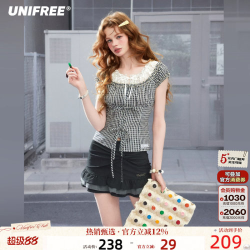 UNIFREE灰色格子蕾丝边短袖衬衫